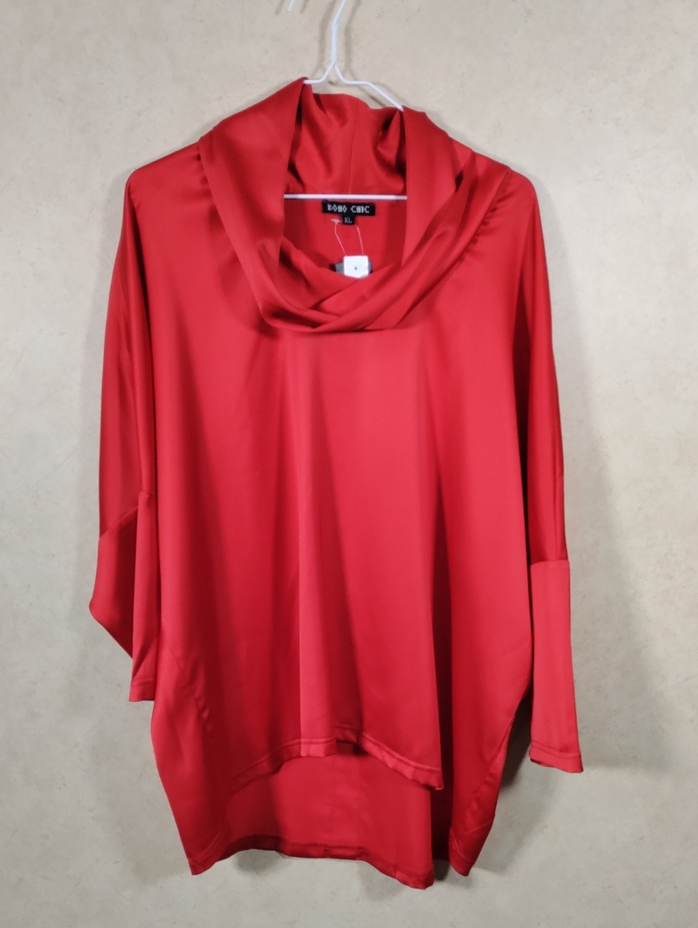 H160 Boho Chic Red Satin Cowl-Neck Dolman Sleeve Tunic XL NWT